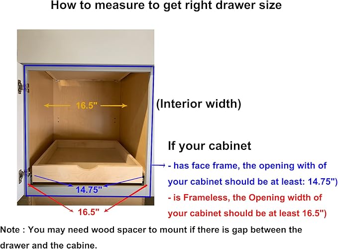 Couver Pull Out Drawers For Cabinets, 16.5"W x 21"D X 4"H Soft Close Slide Out Wood Shelves Storage Organizer for Kitchen, Finished, Heavy-Duty, Bottom Assembly