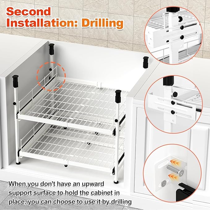 Hisencn Expandable 2-Tier Pull Out Cabinet Organizer, 13"-21" Wide Slide-Out Drawers (White)