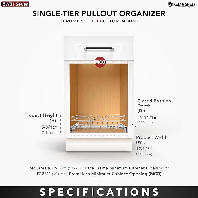 Rev-A-Shelf Kitchen Cabinet Pullout Shelf and Drawer Organizer Slide Out Pantry Storage Basket in Multiple Sizes, 18 x 20 In, 5WB1-1820CR-1