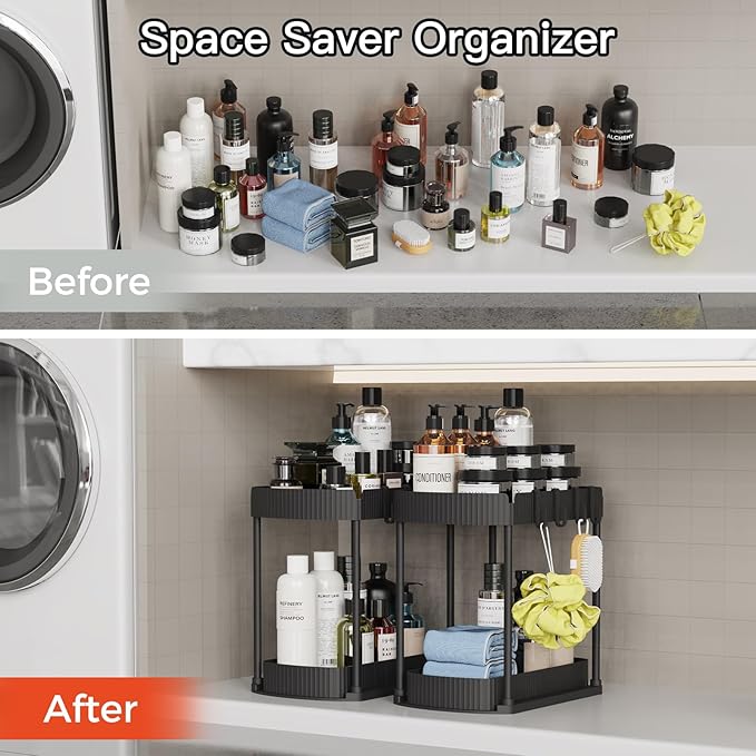 2 Pack Multi-Purpose Pull-Out Storage Organizers, Under Sink Organizers and Storage for Bathroom & Kitchen, Under Cabinet Organizers and storage, 14.8 Inch, Black