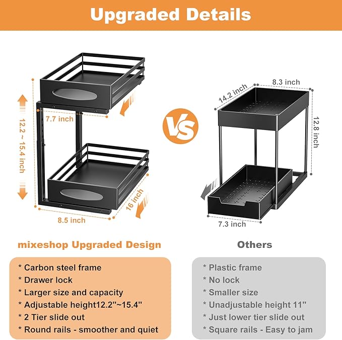 Under Sink Organizer, 2 Tier Under Sink Organizers and Storage, Adjustable Height, Slide out Metal Cabinet Organizers, Pull out Cabinet Storage Drawer Shelf for Kitchen Bathroom (Black, 2)