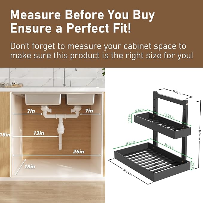 Bamboo Under Sink Organizer and Storage, 2 Tier Pull Out Cabinet Organizer, Slide Out Under Sink Storage Shelf, Undersink Organizers Shelves for Kitchen Bathroom Organization (Black, 1 Pack)