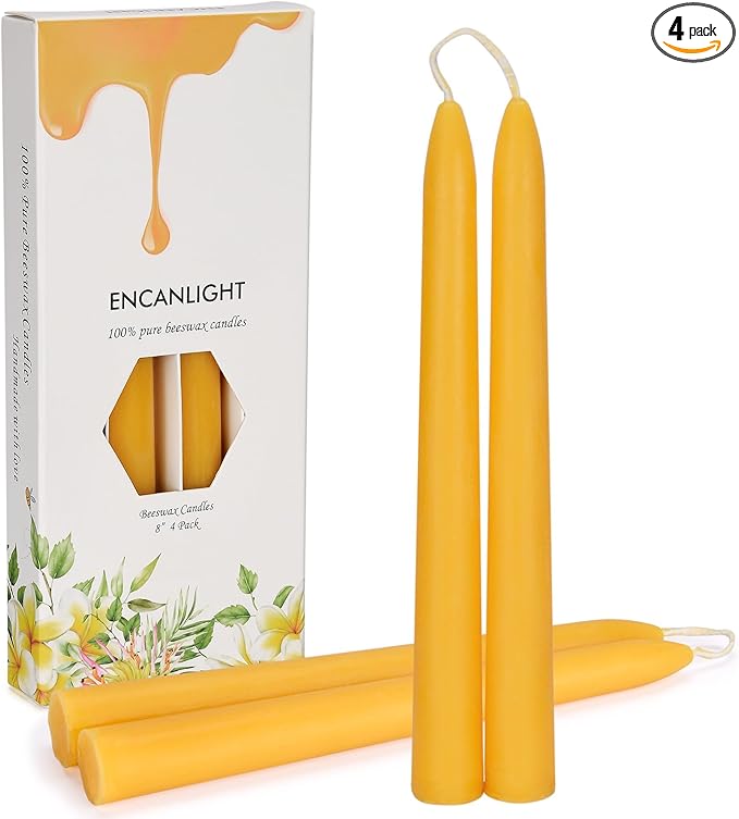 Pure 8" Natural 100% Pure Bees Waxs Candlesticks 4 Pack 20 Hour Long Burning Time,Unscented,Dripless and Smokeless for Home Decor, Party