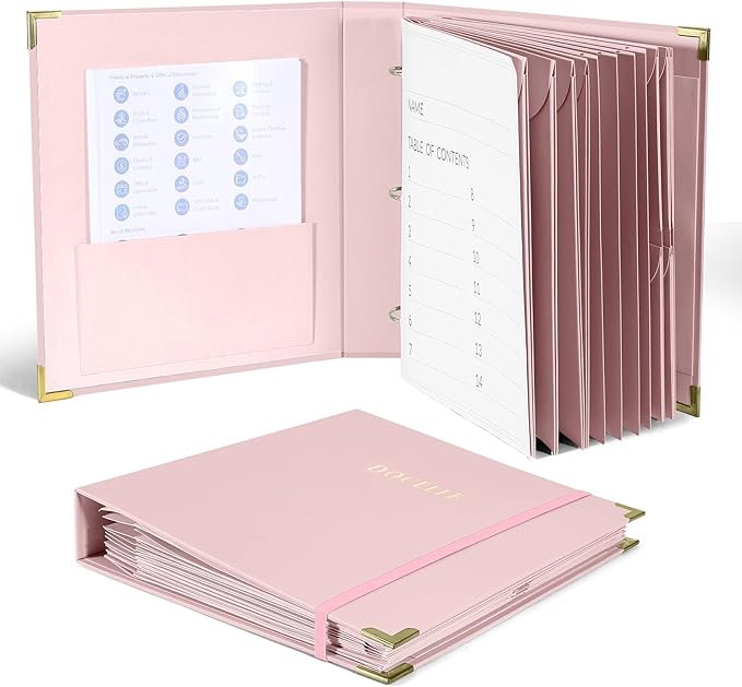3-Ring Folder Organize Sturdy Hardboard Important Document Organizer with Expanding Pockets for Home, School, Office Use (Pink)