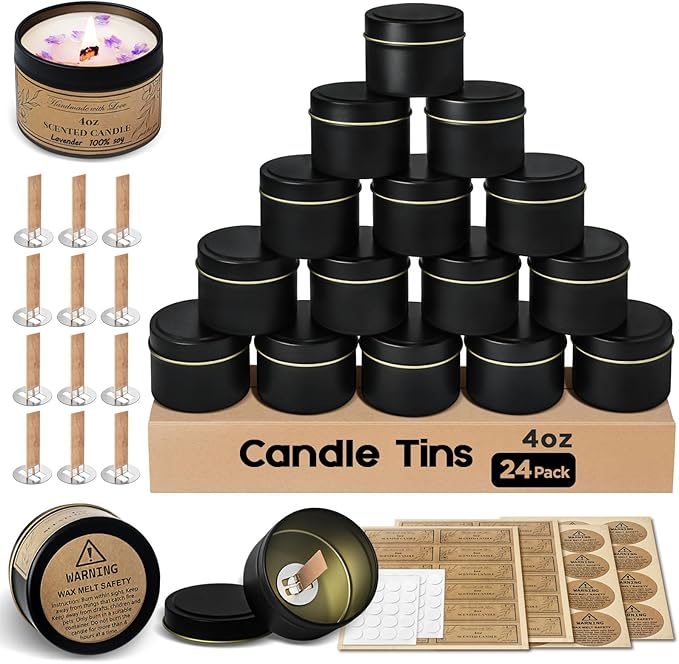 Candle Tins 4oz, 24 Set Candle Making Kit with Bulk Candle Containers, Wood Wicks, Sticker, Wick Holders,Warning Labels for Small Businesses,Candle Jars with Lids for DIY Candle Making