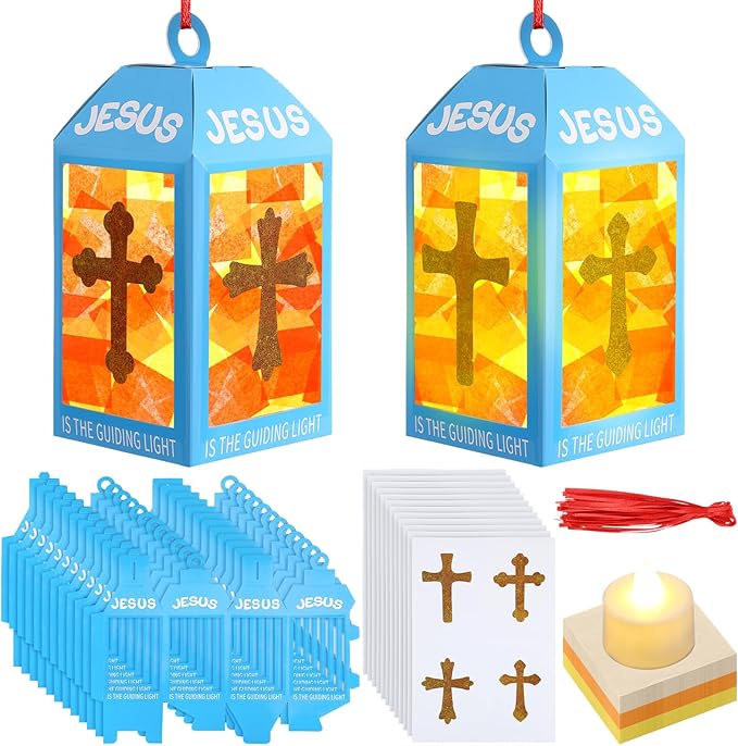 Simgoing 12 Religious Cross Lanterns Crafts with LED Candles Lights Jesus Lights The Way Sunday School Tissue Paper DIY Oil Lamp Cross Hanging Ornament Vsb Church Activity
