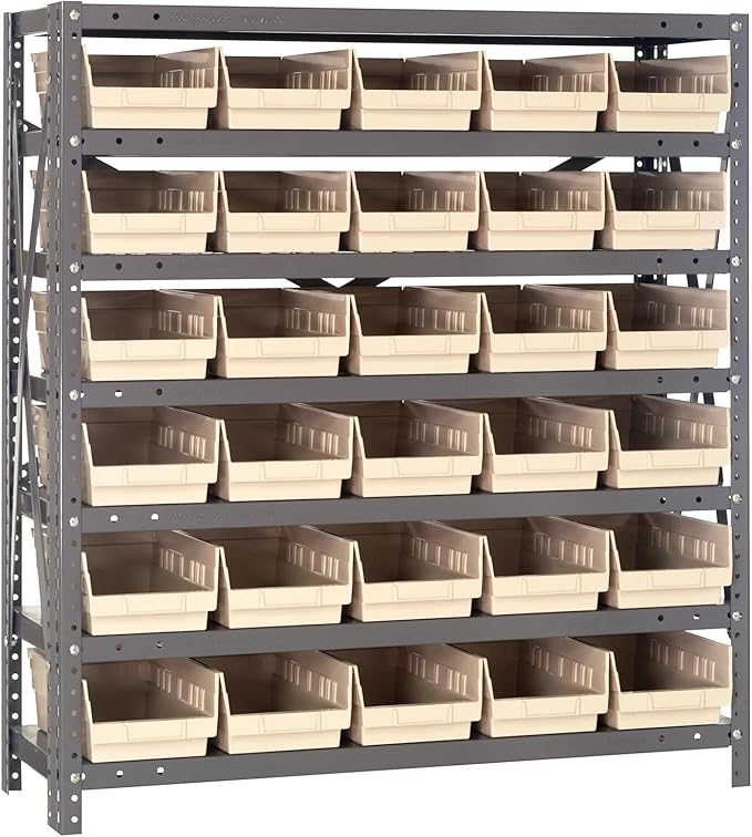 Quantum Storage Systems 1839-104IV Steel Shelving Unit with 4" Shelf Bins, 18" D x 36" W x 39" H, Ivory