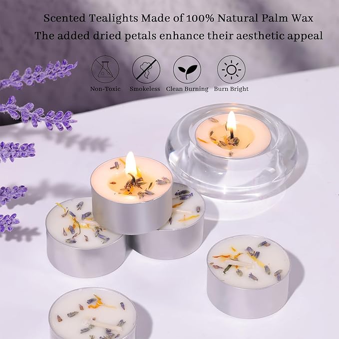 48 Pcs Lavender Scented Tealight Candles, 6H Long Burning - 100% Palm Wax Based Scented Tea Lights with Dried Flowers, Non-Toxic/Smokeless Scented Tea Lights Candles Bulk for Spa, Bath, Wedding