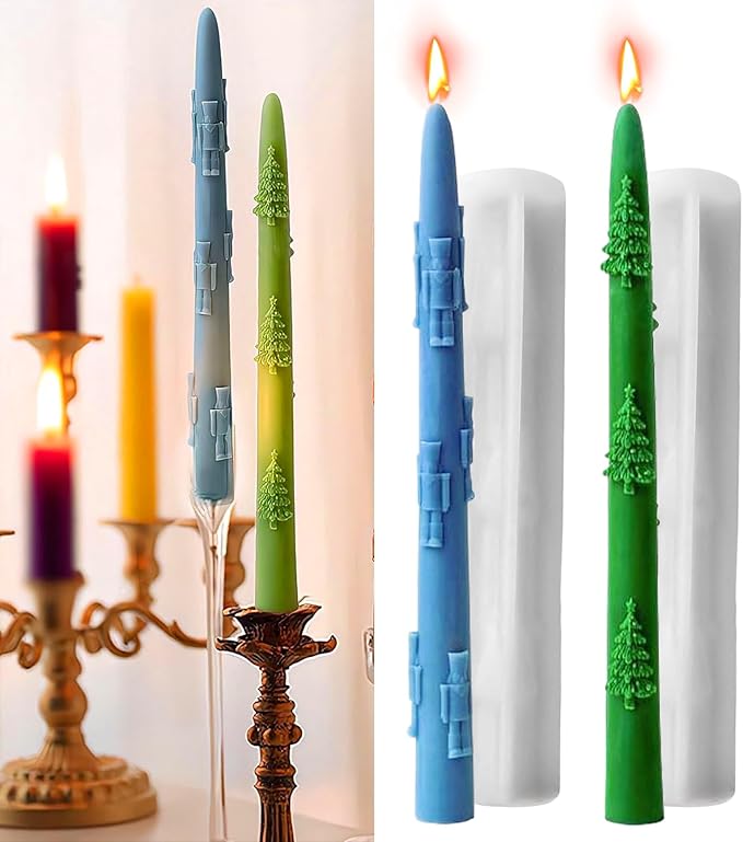 2 PCS Christmas Long Candle Silicone Mold,Pillar Candlestick Candle Mold Christmas Tree and Walnut Soldiers Candle Mold for DIY Handcraft,Gift Wedding Party Home Dinner Festive Days