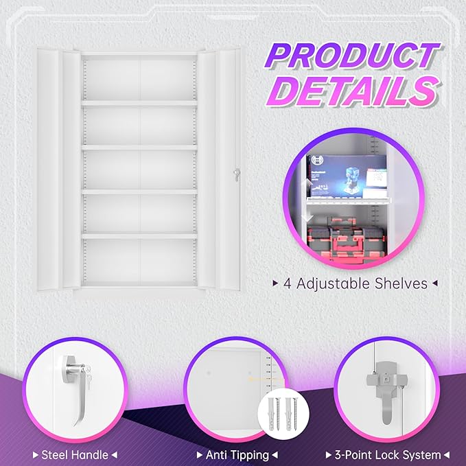 Superday Metal Storage Cabinets, 72" Storage Cabinet with Locking Door, Tall Garage Cabinet with 2 Doors and 4 Adjustable Shelves for Home Office, Classroom, Easy Assemble(White)