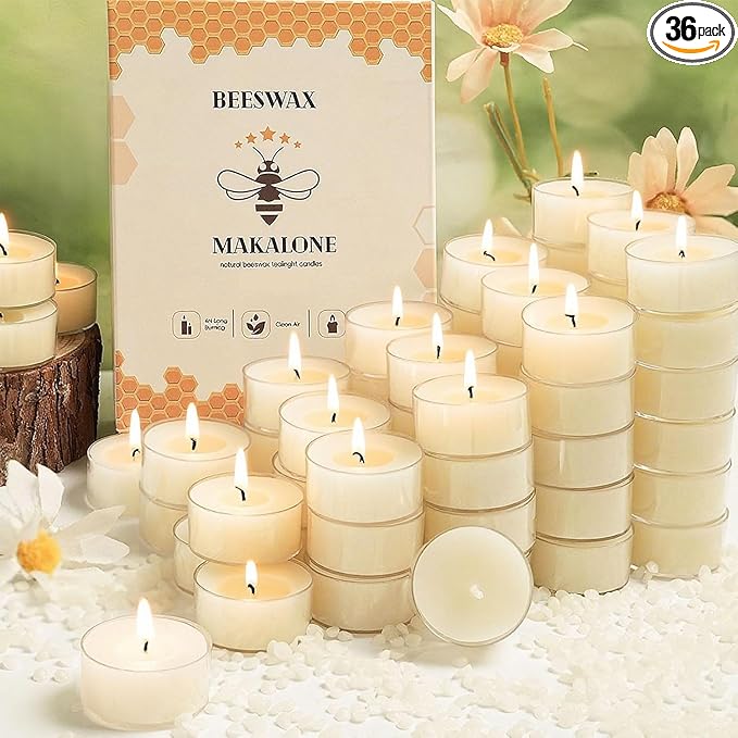 36Pcs White Beeswax Tea Light Candles-4 Hour Burn Time,100% Pure Natural Beeswax-Clean Burning & Air Purifying, Smokeless Bulk Tea Lights for Spa,Meditation,Wedding & Home Decor