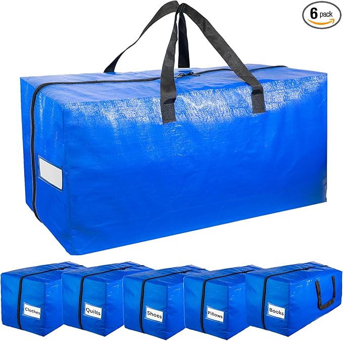 Extra Large Moving Bags with Strong Handles, 6 Pack Heavy Duty Storage Bags with Smooth Zipper, Oversized Storage Tote for Clothes Moving Supplies Dorm Essentials Household Containers