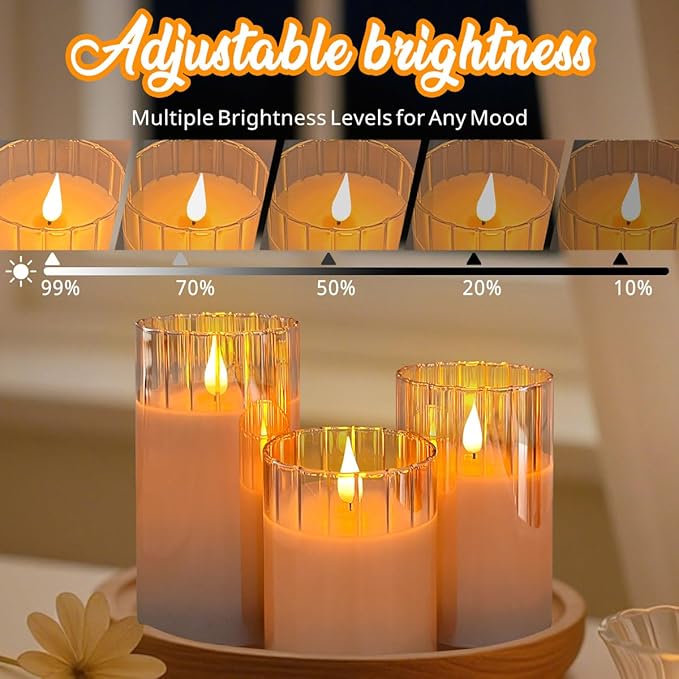 Rechargeable Flameless Candle, Flashing LED Pillar Real Wax Candle with Remote Control and Timer, Gold Stripes Glass Electronic Candles for Room Decoration, 1 Set of 3