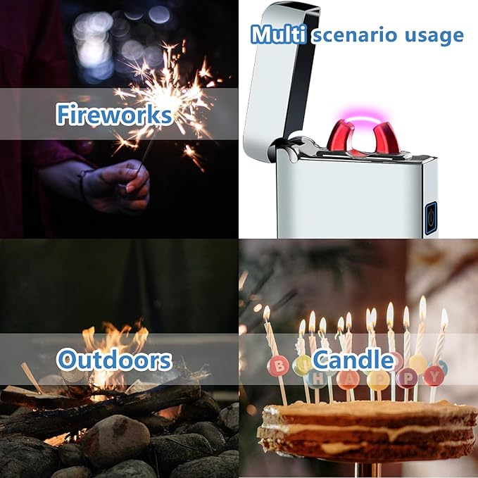 Electric Lighter Rechargeable USB Type C Lighter Plasma Arc Big Flame Lighters Windproof Electronic Cool Unique Lighters with Digital Power Display for Candle, Incense, Fireworks (Ice Silver)