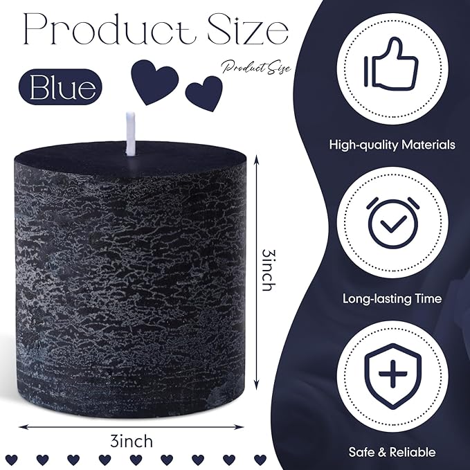 Sumind Valentine's Day Handmade 3x3 Inch Pillar Candles Set of 3, 24 Hour Long Burning Unscented Rustic No Drip Ivory Candles Hand Poured for Spring Home Decor, Weddings, Parties,Dinner,Church(Blue)