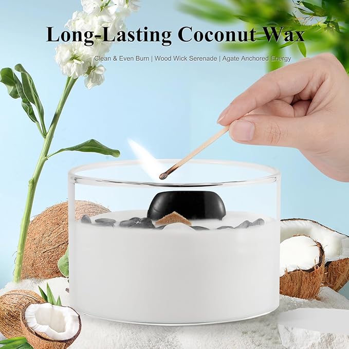 Premium Coconut Scented Soy Candles with Crackling Wood Wick & Real Crystals Inside, 55-Hour Burn Non-Toxic Aromatherapy Home Scented Candle Gifts for Women, Mom, Birthday (7oz)