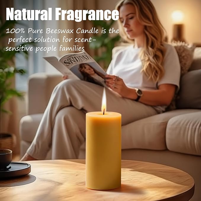 Beeswax Pillar Candles 6 Pack Natural Beeswax Pillar Candles,100% Pure Beeswax Candles- Long Burning,Organic Bees Wax Candles for Home,Church,Parties. (6 Packs)