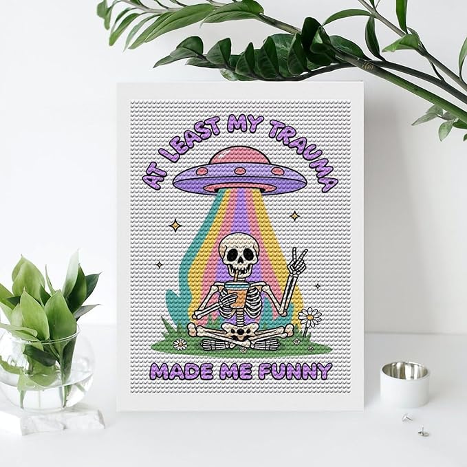 KIVJMSIDJA Skull Skeleton “At Least My Trauma Made Me Funny” Diamond Art Kits for Adults for Beginners, 5D Full Diamond Art Paint 12"x16"