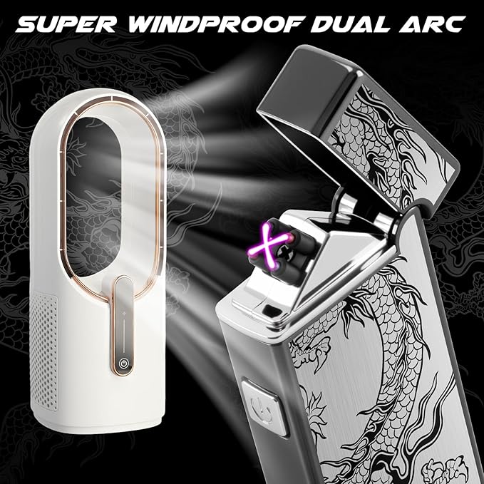 LcFun Electric Lighter USB Rechargeable Windproof Plasma Dual Arc Lighter, Flameless Cool Dragon Pocket Lighters for Camping, Small Valentines Birthday Gifts for Men Husband Father (Black Dragon)