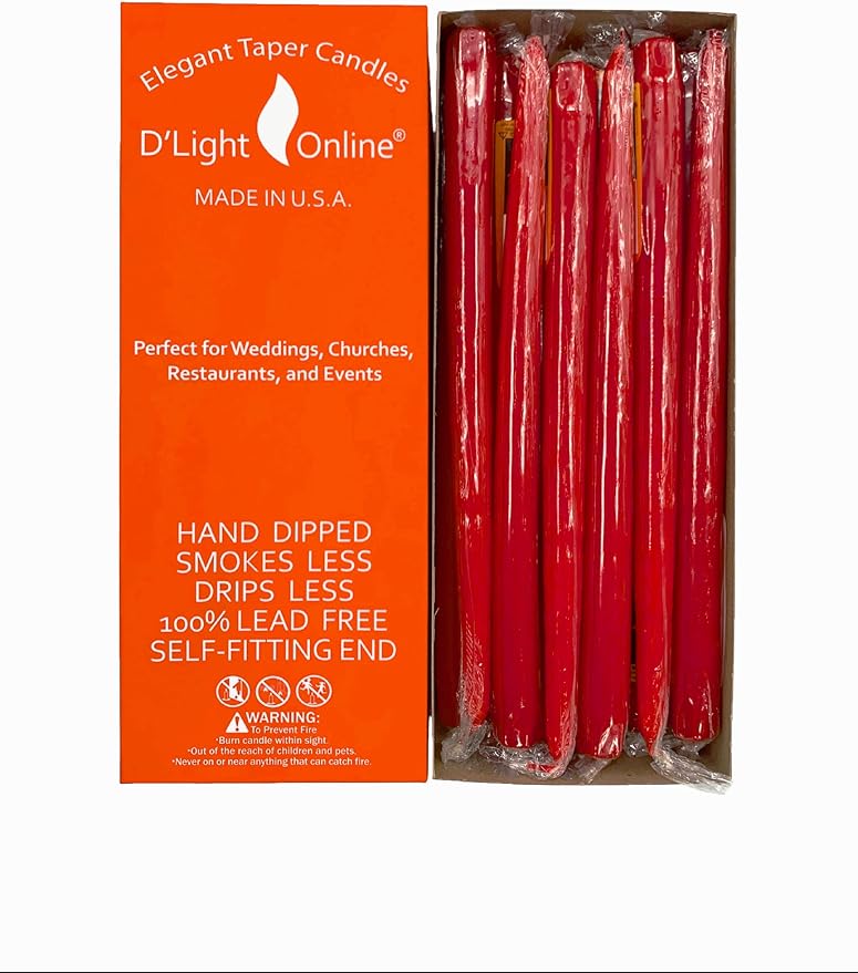 D'light Online Elegant Unscented 12" Red Taper Candles Premium Quality Hand-Dipped Tapered Candles, Dripless and Smokeless - Set of 12 Individually Wrapped (12 Inch, Red)
