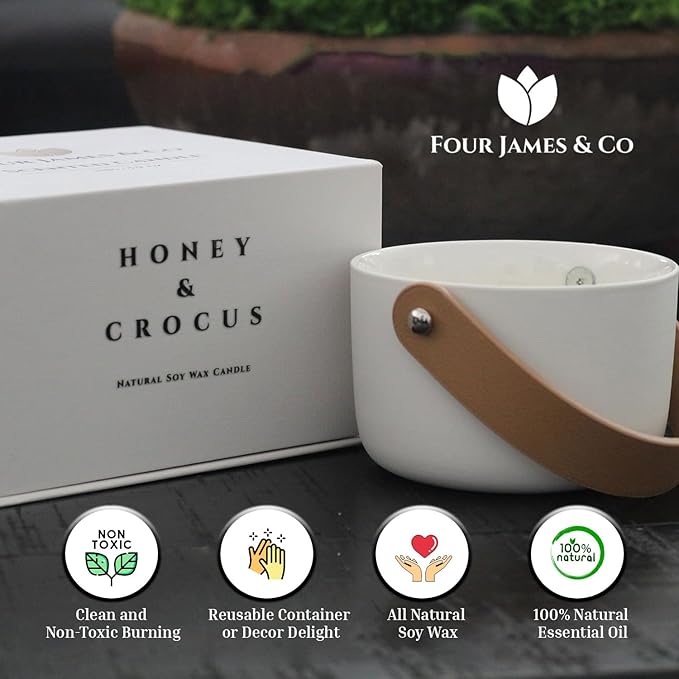 FOUR JAMES & CO Luxury Highly Scented Premium Eco-Friendly Soy Wax 6oz Candles in Modern Giftable Box (Honey & Crocus)