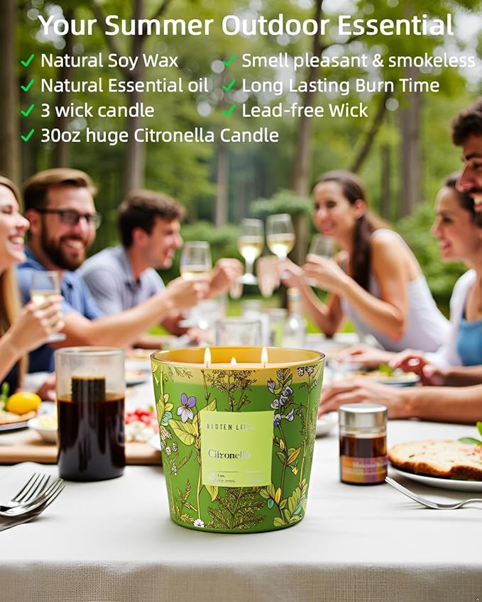 Citronella Candles Outdoor Large, 3-Wick / 30oz Large Soy Candle, Long Lasting Highly Scented,Candle for Patio, Garden & Camping, Summer Camping Huge.