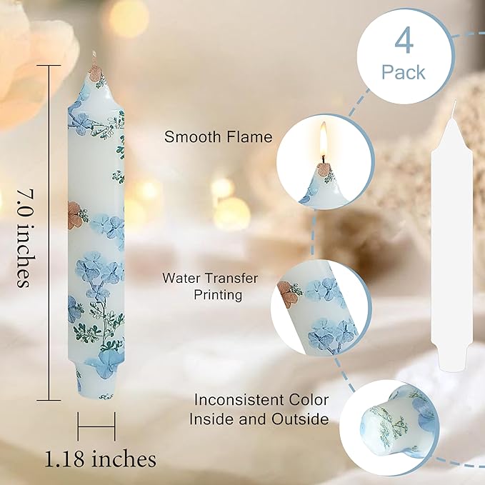 7 inch Short Candle Floral Candle Sticks Printed Candlestick Handmade Unscented Taper Candle 4 Pack Light Blue Flower Tapered Candles for Home Dinner Wedding Holiday
