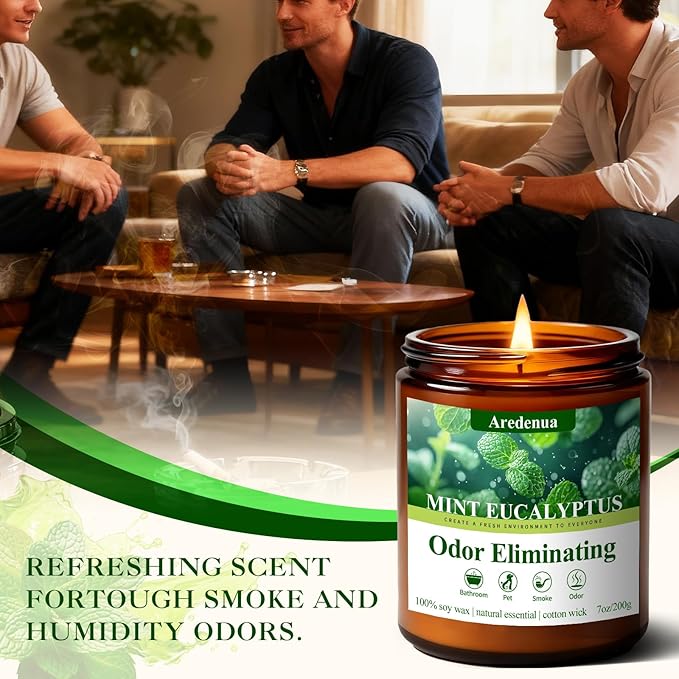 Mint Eucalyptus Odor Eliminating Candles | Eliminates 95% of Pet, Smoke & Bathroom Odors – 7 oz Hand Poured Non-Toxic Soy Candle - Air Freshing Scented Candles - Stress Relief Gifts for Women Men