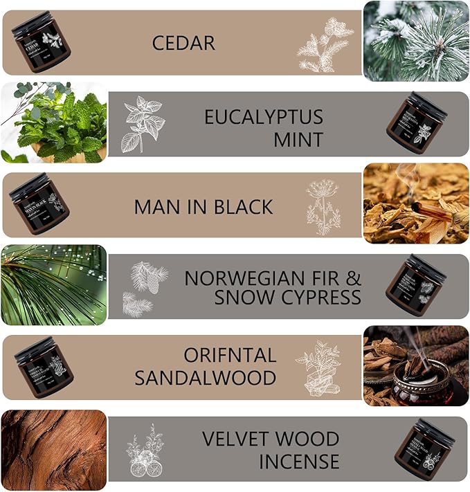 Scented Candles for Men | 6 Pack Candles for Home Scented, 150 Hour Burn Time Aromatherapy Christmas Candles Gifts for Men Birthday|Sandalwood Cedar |