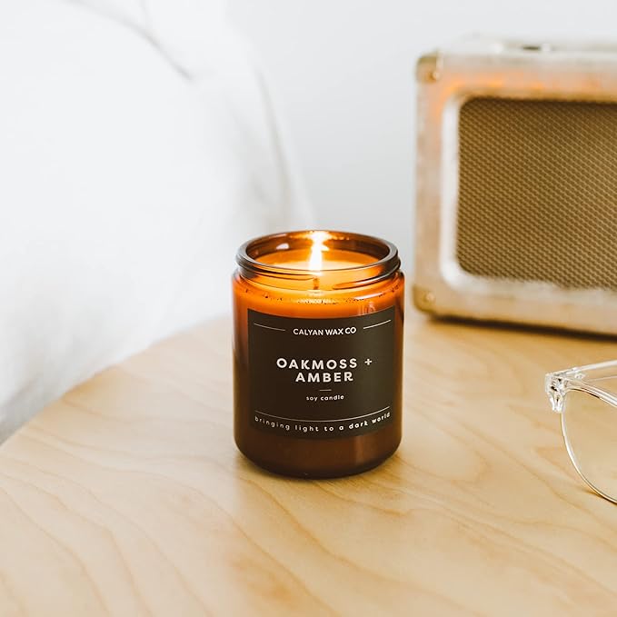 Calyan Wax Co. Oakmoss & Amber Scented Candle - 57 Hour Burn - Luxury Non Toxic Soy Wax Candles - Long Lasting Amber Glass Jar Candle for Home - 7.2oz