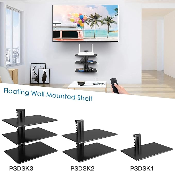 PERLESMITH Floating Wall Mounted Shelf AV Mount Shelf - Holds up to 16.5lbs - DVD DVR Component Shelf with Strengthened Tempered Glass - Perfect for DVD Players, TV Box and Cable Box, PSDSK3
