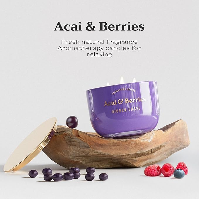 Acai Berries Scented Candle, 18oz Natural Soy Wax, 3-Wick Large Aromatherapy Candles for Home Scented, 70Hour Burn Time, Luxur Candles Gifts for Women and Men