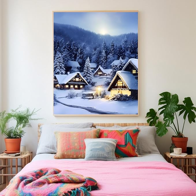 GUAIEUW Frameless Canvas Winter Snowy Houses Diamond Painting Kit DIY 5D Full Round Diamond HD Picture Diamond Dot Painting Art Craft Gift, Wall Decor Living Room Office Hangable 16x24 Inch