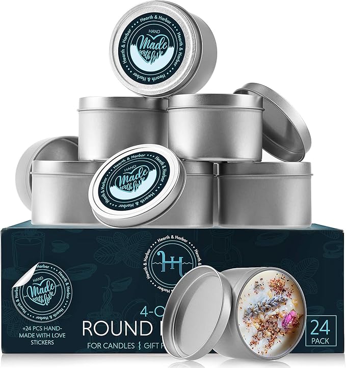 Hearth & Harbor 5 lbs. Soy Candle Wax with Supplies, 4 oz. 24 Pack Tin Jars with Lids, Cotton Candle Wicks, Wick Stickers and Centering Devices - Soy Wax Flakes with Containers for Candle Making