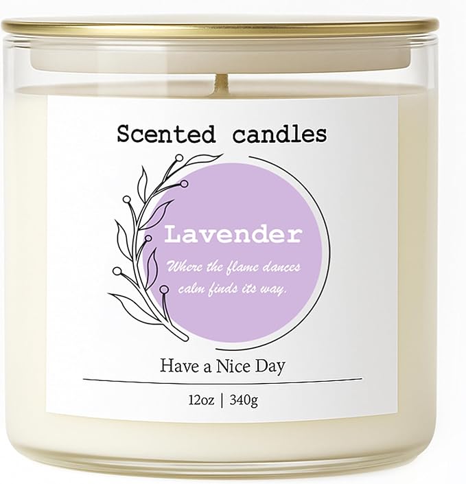 Lavender Scented Candle – 100% Natural Soy Wax, Cotton Wick, Odor Eliminating, Calming Herbal Aroma, 12oz, 60 Hour Burn, White – Ideal for Home Decor, Spa, Bath, Parties & Gifts