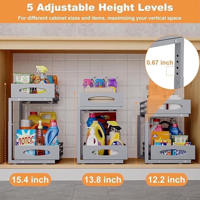 Under Sink Organizer, 2 Tier Under Sink Organizers and Storage, Adjustable Height, Slide out Metal Cabinet Organizers, Pull out Cabinet Storage Drawer Shelf for Kitchen Bathroom (Gray, 2 Pack)