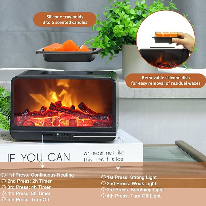 Wax Melt Warmer for Scented Wax - 3D Dynamic Flame Fireplace Electric Wax Warmer, Wax Melter with 4 Timer, PTC Heating Wax Warmer for Home Decor Women Mom Gift