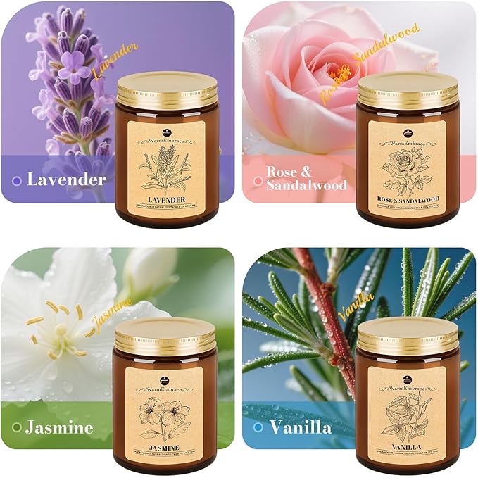 WarmEmbrace Lavender Candles, 4-Pack Scented Candle Set for Women, 7.6 oz Natural Organic Soy Wax in Glass Jar, 160 Hours Long-Lasting Burn, Perfect for Christmas Friend Birthday Gifting (4 Fragrance)