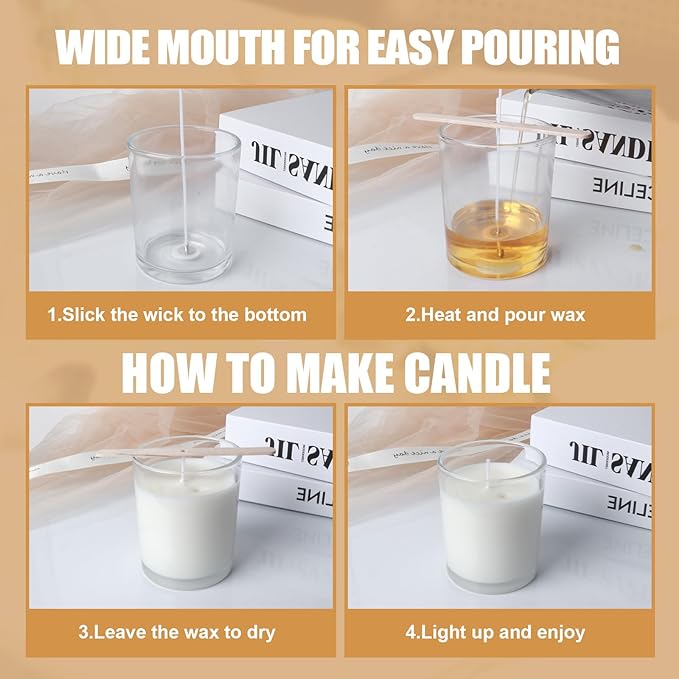 10oz Glass Candle Jars, 12-Pack Candle Jars for Making Candles, Empty Thick Glass Wide-Mouth Jars with Bamboo Lids & Wick Kits, Candle Containers Bulk - Clear