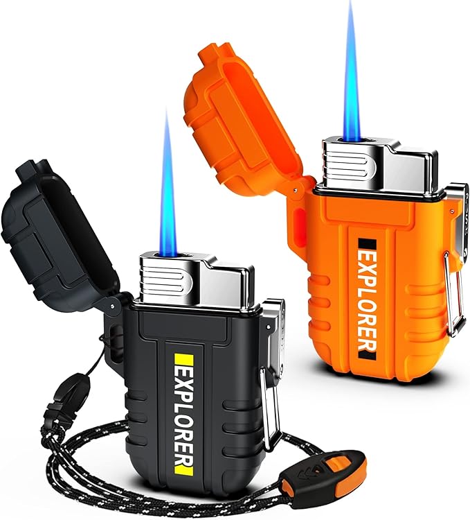 Torch 2 Pack Windproof Outdoor Gas Lighter - Adjustable Jet Flame, Fireplace, Fireworks, Grill, Camping, BBQ - Black+Orange (Without Butane)