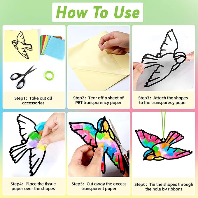 Qyeahkj 36 Set Spring Bird Suncatchers Crafts for Kids DIY Bird Window Tissue Paper Craft Kit Animal Hanging Decor for Summer School Home Activity Art Project Birthday Party Favor Gift
