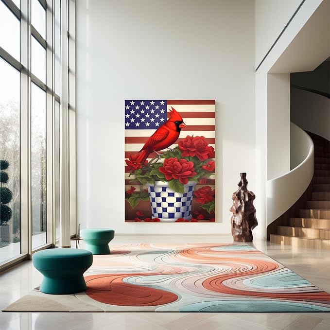 GUAIEUW Flowerpot Red Bird Flag Diamond Painting Kit for Adults, Full Round Diamond Cardinal Bird 5D Diamond Painting DIY Art Crafts for Winter Home Wall Decor Holiday Gift 16x24 Inch