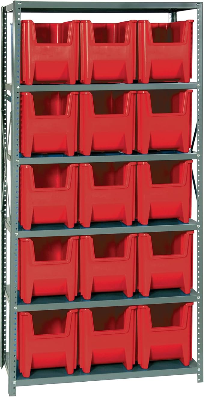 Quantum Storage Systems QSBU-600RD Solid Heavy Duty 6 Shelves 15 Giant Stack Red Bins 75" H x 36" W x 18" D