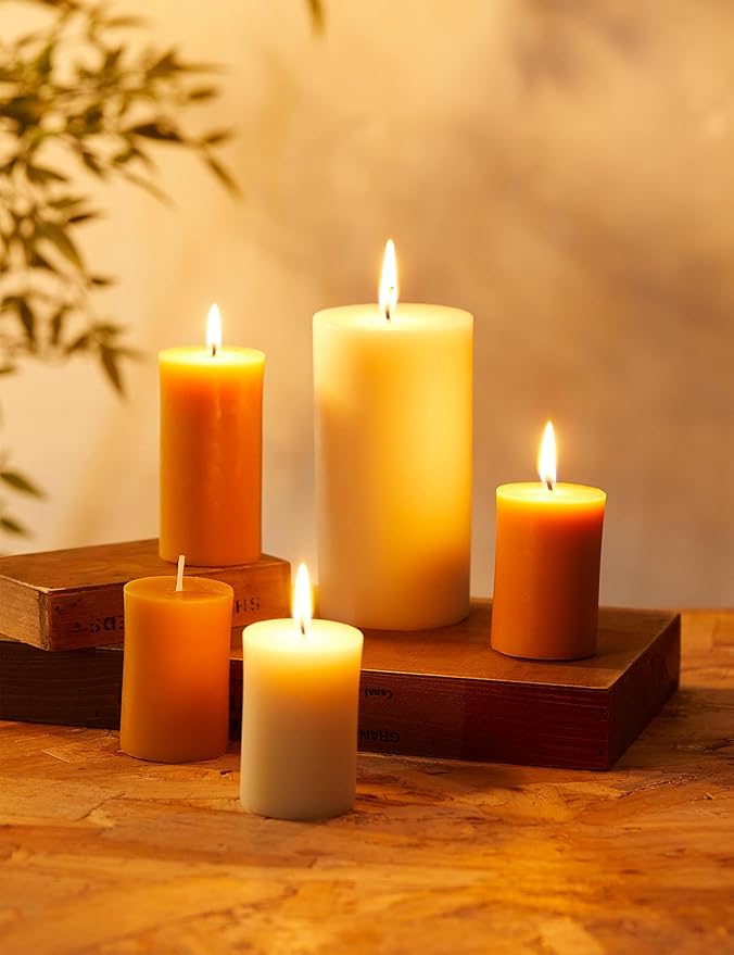 100% Pure Natural Beeswax Pillar Candles-340 Hours Long Burning Time Emergency Beeswax Candles | Organic Bees Wax for Home, Prayer, Christmas, Party | Unscented, Smokeless, Dripless 4 Pack (3×6 inch)