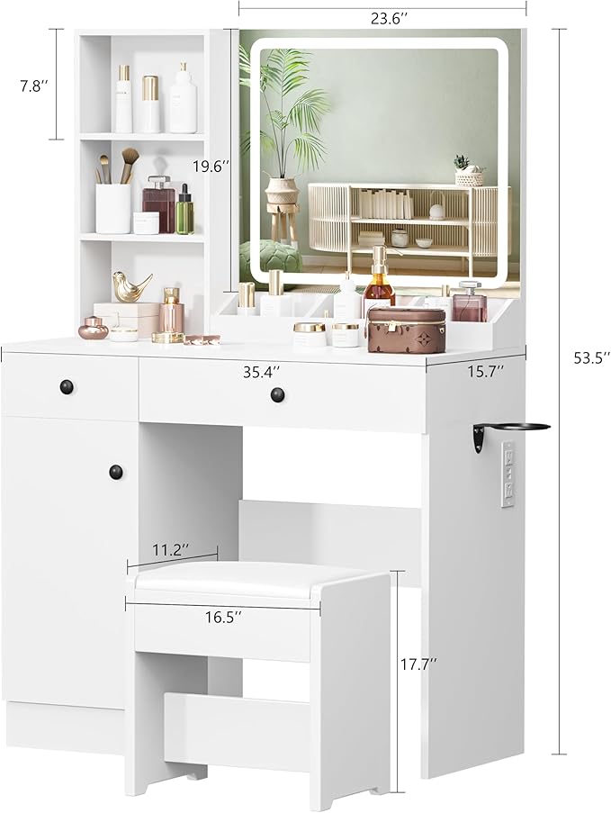 YIKEHOME Women Makeup Vanity Desk with Mirror and 11 Lights, 3-Colour Hollywood Brighter Bulbs, Vanity Table with Large Drawers and Tiers of Open Shelves for Bedroom Dressing Room White