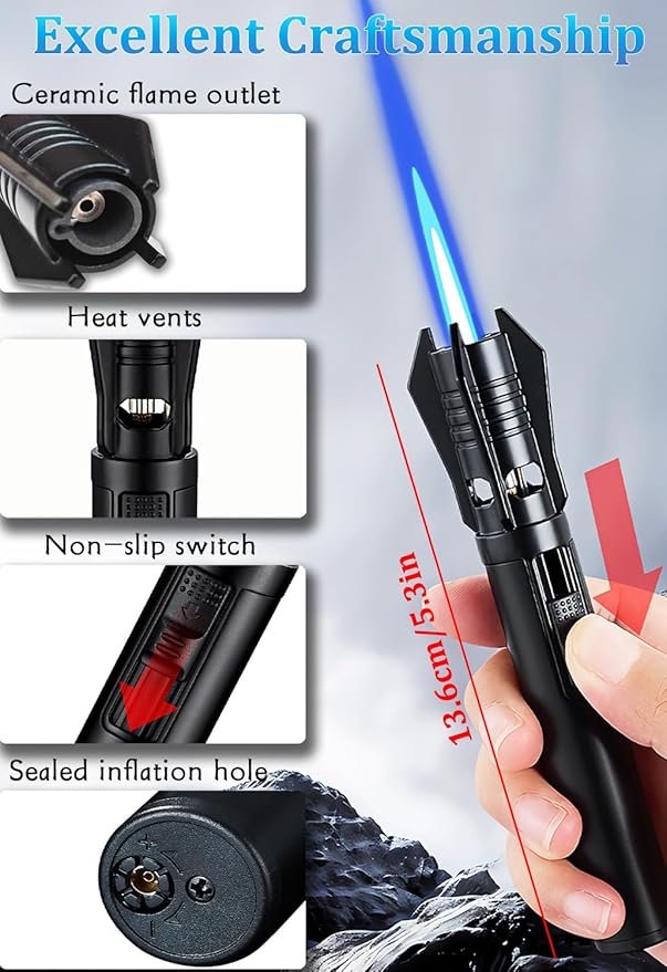 Torch Lighter - Windproof Jet Flame Refillable Butane Lighter with Adjustable Flame, Lightsaber Design, Visible Window, for Kitchen, Outdoor(Gas Not Include) (Black & White)