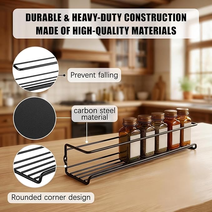 Carbon Steel Wall-Mounted Kitchen Spice Rack,Wall-Mounted Spice Rack Heavy-Duty Space-Saving Organizer with Adhesive or Screw Mountable, for Cabinet Doors, Pantry Walls (4Pcs Black)