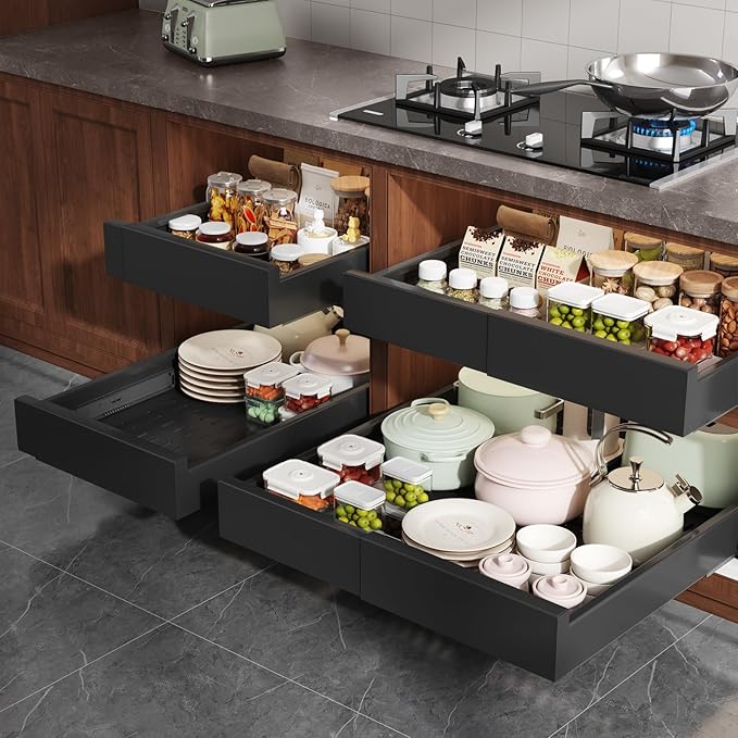 2 Pack Pull Out Cabinet Organizer Expandable Width(13"-21") and Depth(17"-24"),Slide Out Drawers with Raising Pad for Framed Cabinets,No Drill Roll Out Shelves for Kitchen,Bathroom,Black