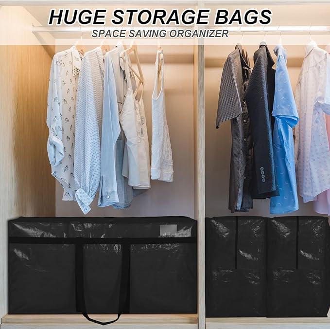 Windyun 6 Pack 98 Gallon Extra Large Moving Bags XXL Heavy Duty Storage Bag with Strong Zipper Handle Jumbo Big Tote Box Foldable for College Dorm Travel Clothes Duffle Blanket Pillow(Black)