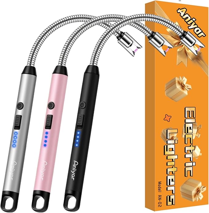 3 Pack Electric Lighter with 360° Flexible Neck & LED Display, Birthday Gifts for Women Mom Men Wife, USB Arc Long Candle Lighters for Candle Black/Rose/Silver